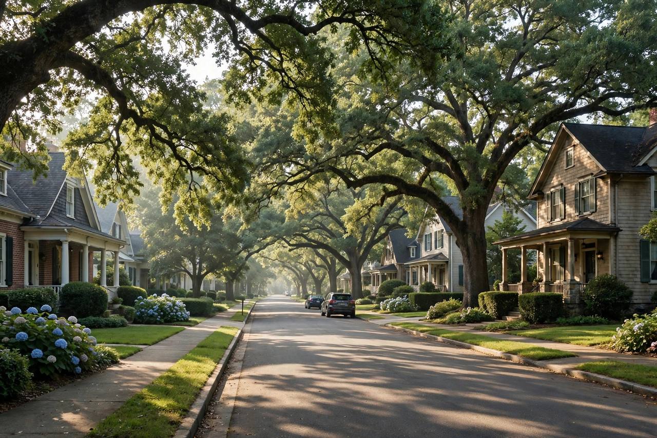 Single family homes on a tree lined street in older east Delray Beach
